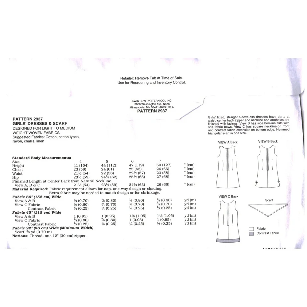 Kwik Sew 2937 Girls Dress Scarf Sewing Pattern Sizes 4-5-6-7 Kerstin Martensson